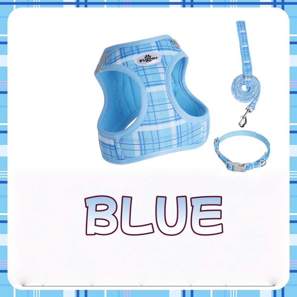 Classic Plaid Dog Leash & Harness - 3-Piece Pressure-Relief Vest Style