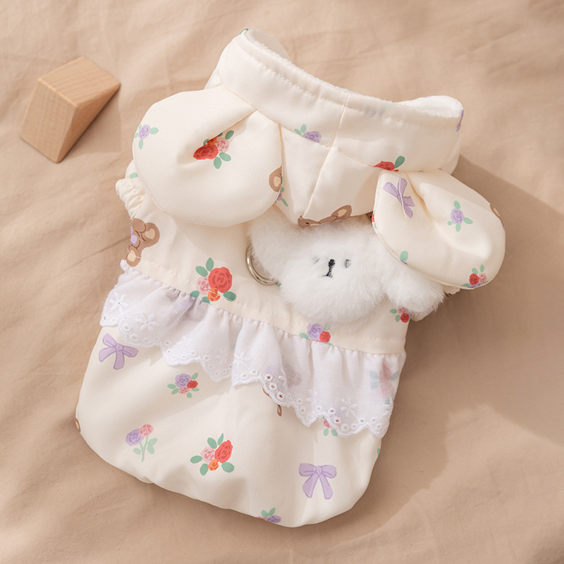 Cute Bear-Print White Cotton Coat - Thickened Two-Legged Cat Clothing 