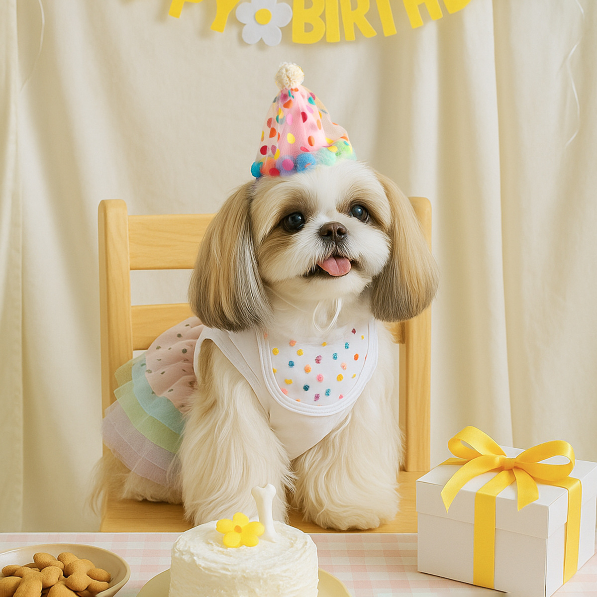Adorable 3-Piece Pet Birthday Set: Romantic Tutu Dress + Hat + Festive Banner for Small Dogs & Puppies-BELLEPAW