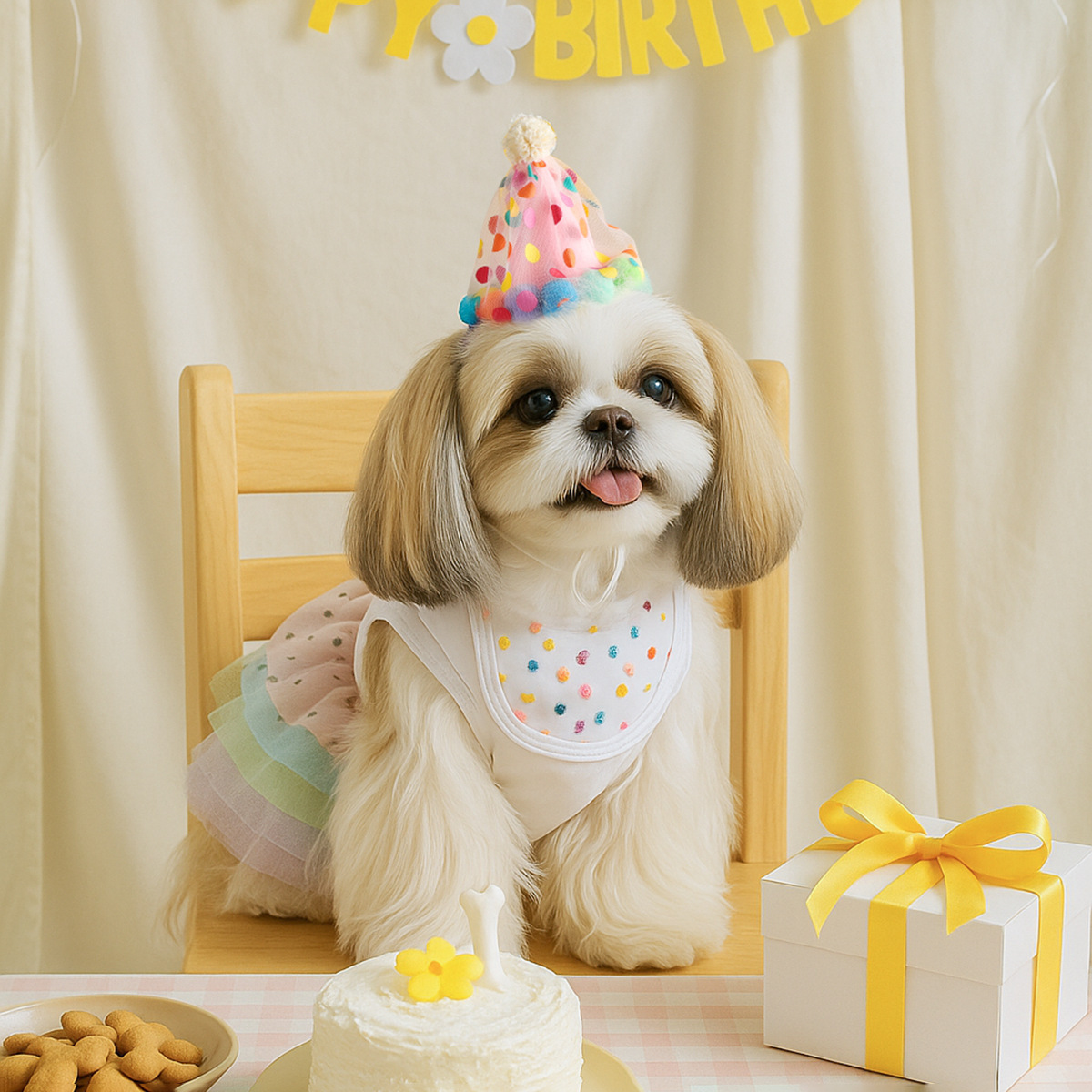 Adorable 3-Piece Pet Birthday Set: Romantic Tutu Dress + Hat + Festive Banner for Small Dogs & Puppies-BELLEPAW
