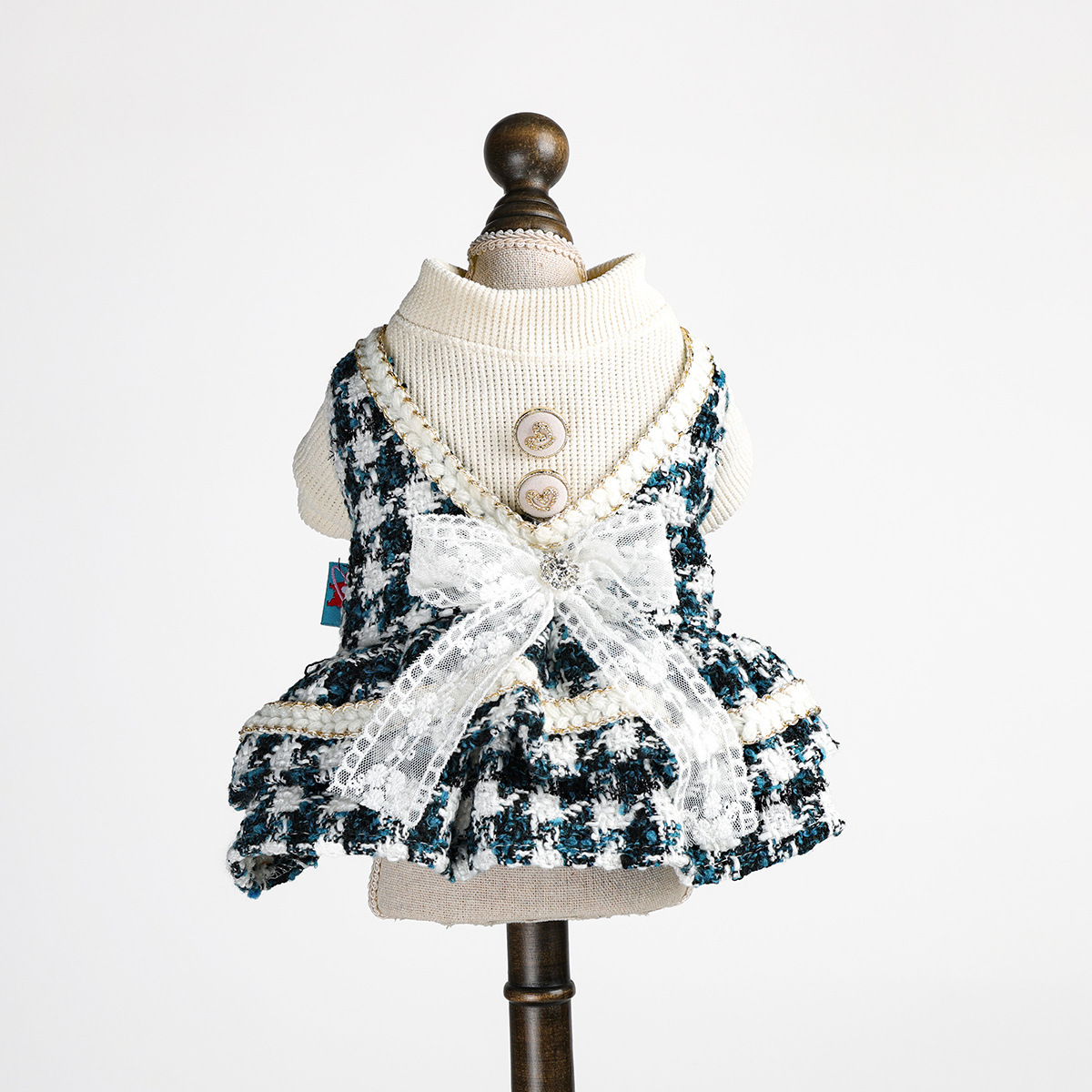 Bellepaw Pet Chanel-Style Blue & White Tweed Vest Dress with Lace Bow & Turtleneck Liner