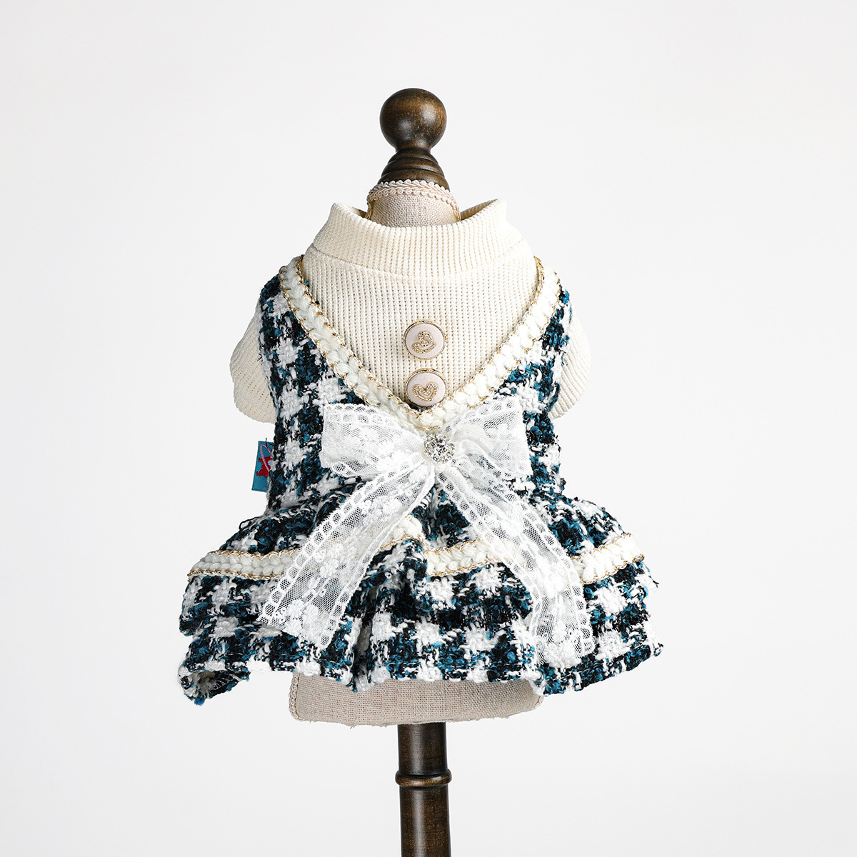 Bellepaw Pet Chanel-Style Blue & White Tweed Vest Dress with Lace Bow & Turtleneck Liner