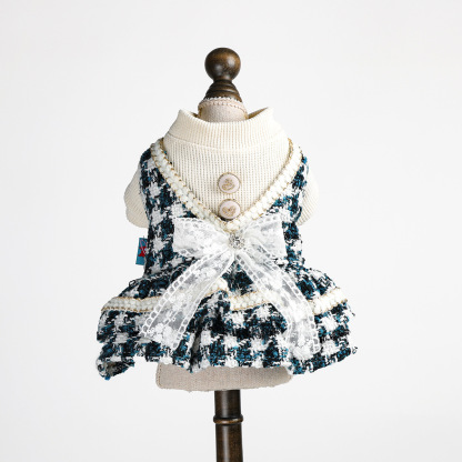 Bellepaw Pet Chanel-Style Blue & White Tweed Vest Dress with Lace Bow & Turtleneck Liner