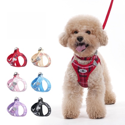 Classic Plaid Dog Leash & Harness - 3-Piece Pressure-Relief Vest Style