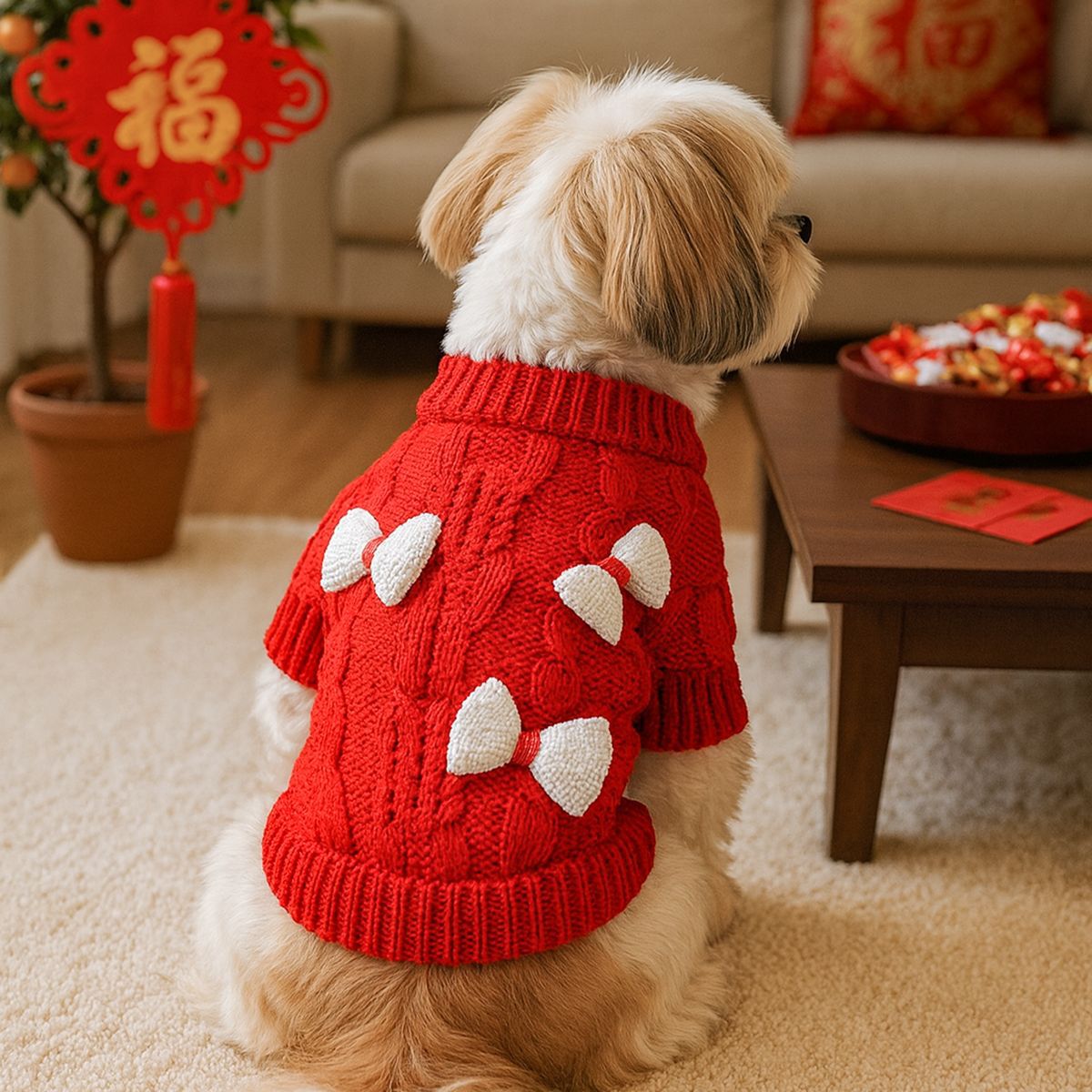 Bellepaw Pet Red Bow Knit Holiday Sweater