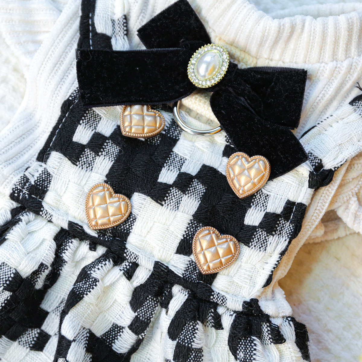 Black & White Houndstooth Elegant Pet Dress - Bow Decor Ruffled Puppy Outfit with Heart Buttons