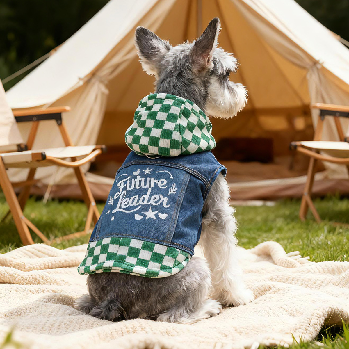 Bellepaw Pet "Super Star" Checkered Hooded Denim Vest