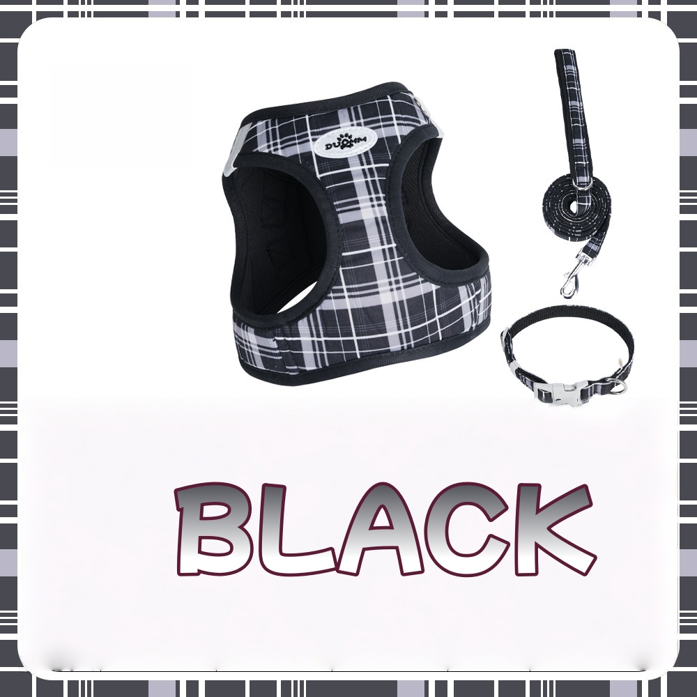 Classic Plaid Dog Leash & Harness - 3-Piece Pressure-Relief Vest Style