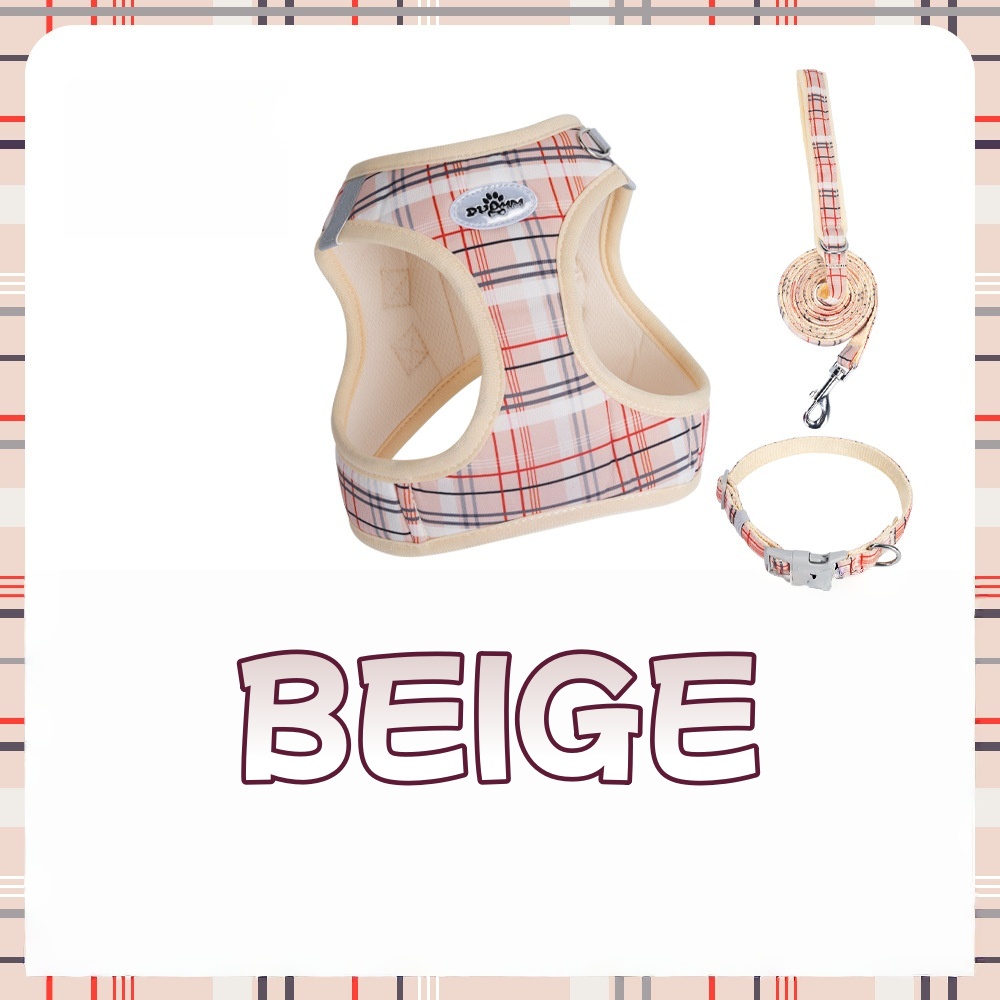 Classic Plaid Dog Leash & Harness - 3-Piece Pressure-Relief Vest Style