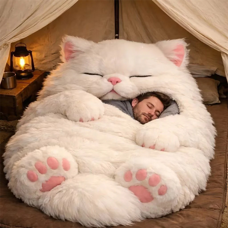 Snuggle into a giant cat hug 🐱Soft as a cloud, cozy as a kitten ☁️Adult cat plush sleeping bag❄️Lock in warmth, block the cold🧸Plush companionship for adults
