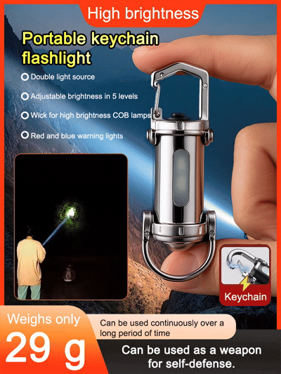 Mini keychain flashlight💡 Pocket Sun – COB Brightness at Your Fingertips🚨 Red/Blue Warning Light + Magnetic – Ultimate Outdoor & Emergency Tool🪶 Weighs Just 29g – Always Ready on Your Keychain
