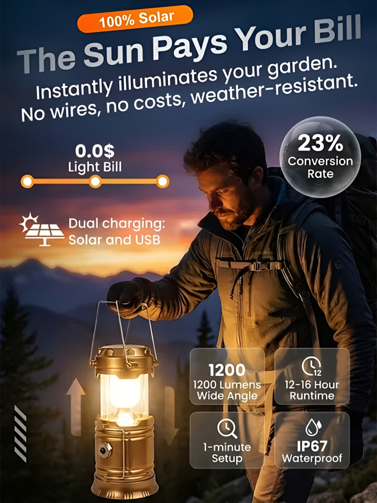 Zero electricity costs! Sun-powered brightness all night. ☀️Never get caught in the dark again! 💡Drop-proof & waterproof solar light for any adventure! 🌧️1 light fixes all blackouts & camping trips! 🏕️