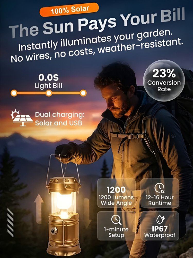 Zero electricity costs! Sun-powered brightness all night. ☀️Never get caught in the dark again! 💡Drop-proof & waterproof solar light for any adventure! 🌧️1 light fixes all blackouts & camping trips! 🏕️