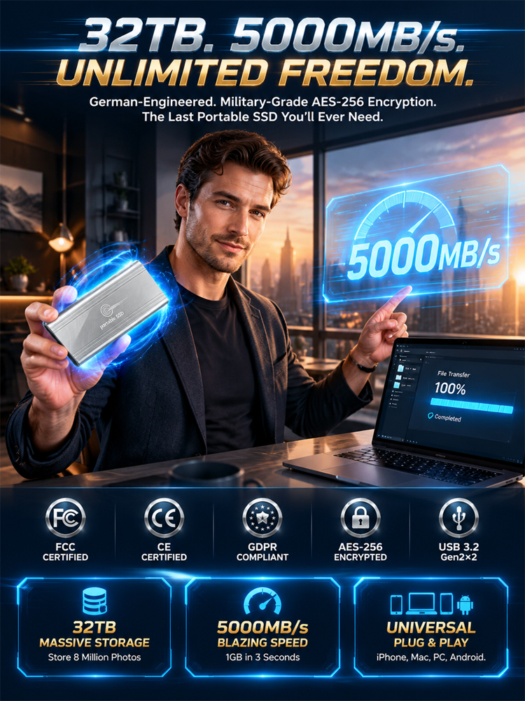 German-Engineered 32TB Portable SSD (5000MB/s Speed & AES-256 Encryption) - Stop Cloud Subscription Traps - Direct Clearance Special! 🔒