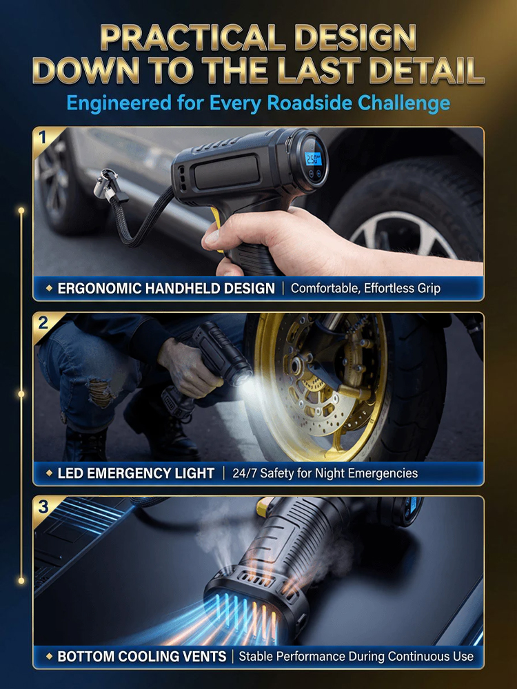 60s Rapid Inflation! A Pocket-Sized Lifesaver 🛠️Fix Flats in Seconds! Faster Than the Gas Station ⚡Never Get Stranded! Cordless Power for Any Road 🚗No Wires, No Mess! Smart Precision for Every Tire 🚲