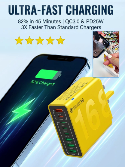 4 PD + 4 QC 3.0 Ports for 50% Faster Charging Speed 🚀📱Power Up 8 Devices Simultaneously with One Intelligent Hub ⚡🔌Smart Chip Tech: Auto-Detects & Delivers the Perfect Power for MacBooks, iPhones, and Androids 🧠🔋