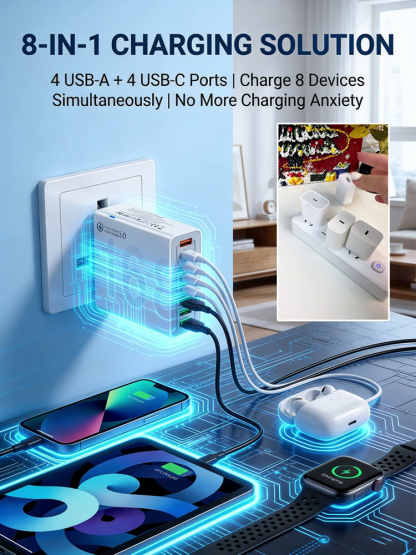 4 PD + 4 QC 3.0 Ports for 50% Faster Charging Speed 🚀📱Power Up 8 Devices Simultaneously with One Intelligent Hub ⚡🔌Smart Chip Tech: Auto-Detects & Delivers the Perfect Power for MacBooks, iPhones, and Androids 🧠🔋