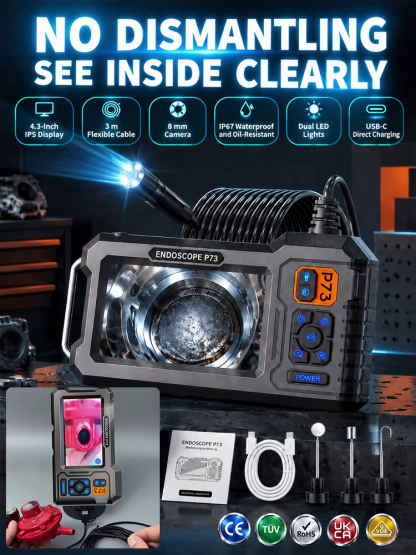 Industrial Endoscope Camera P73 - 4.3" IPS Screen, 8mm IP67 Waterproof Probe & 3m Cable - No App or WiFi Needed - Flash Clearance Sale!