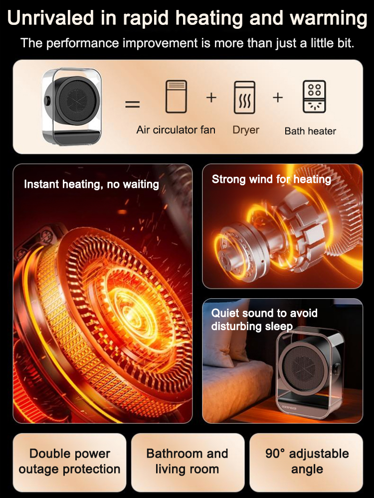 Energy-saving, low-noise 90° adjustable heater!Instantly raise indoor temperature in 2 seconds