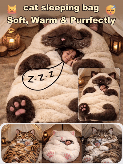 Snuggle into a giant cat hug 🐱Soft as a cloud, cozy as a kitten ☁️Adult cat plush sleeping bag❄️Lock in warmth, block the cold🧸Plush companionship for adults