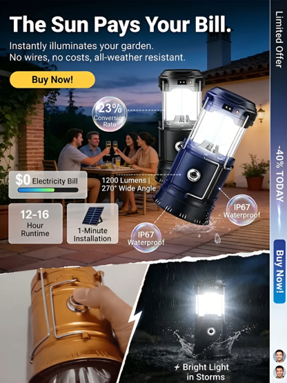 Zero electricity costs! Sun-powered brightness all night. ☀️Never get caught in the dark again! 💡Drop-proof & waterproof solar light for any adventure! 🌧️1 light fixes all blackouts & camping trips! 🏕️