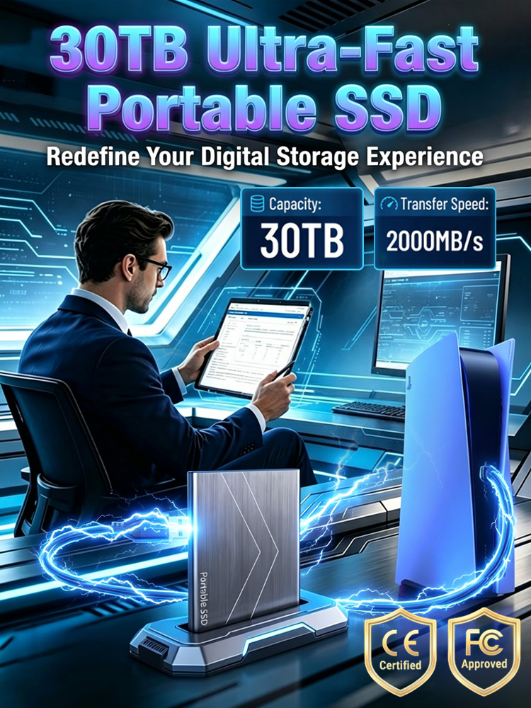 🔥 Premium 30TB Portable SSD External Hard Drive | 2000MB/s Super Fast Transmission, Drop-Resistant & Heat Dissipation Pocket Storage Drive 💼