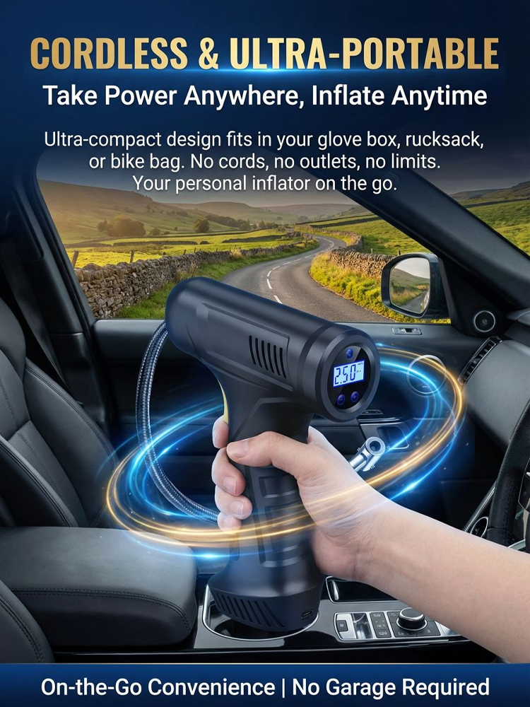60s Rapid Inflation! A Pocket-Sized Lifesaver 🛠️Fix Flats in Seconds! Faster Than the Gas Station ⚡Never Get Stranded! Cordless Power for Any Road 🚗No Wires, No Mess! Smart Precision for Every Tire 🚲