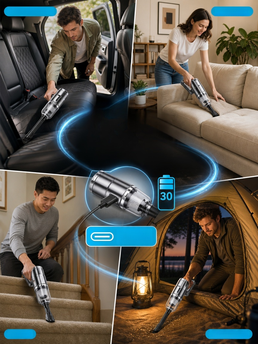 Wireless Charging Portable Car Vacuum Cleaner, 50000Pa Blow-Suction Cordless Vac, Easily Deep Clean Cars & Keyboards