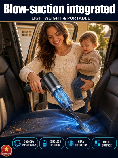 Wireless Charging Portable Car Vacuum Cleaner, 50000Pa Blow-Suction Cordless Vac, Easily Deep Clean Cars & Keyboards
