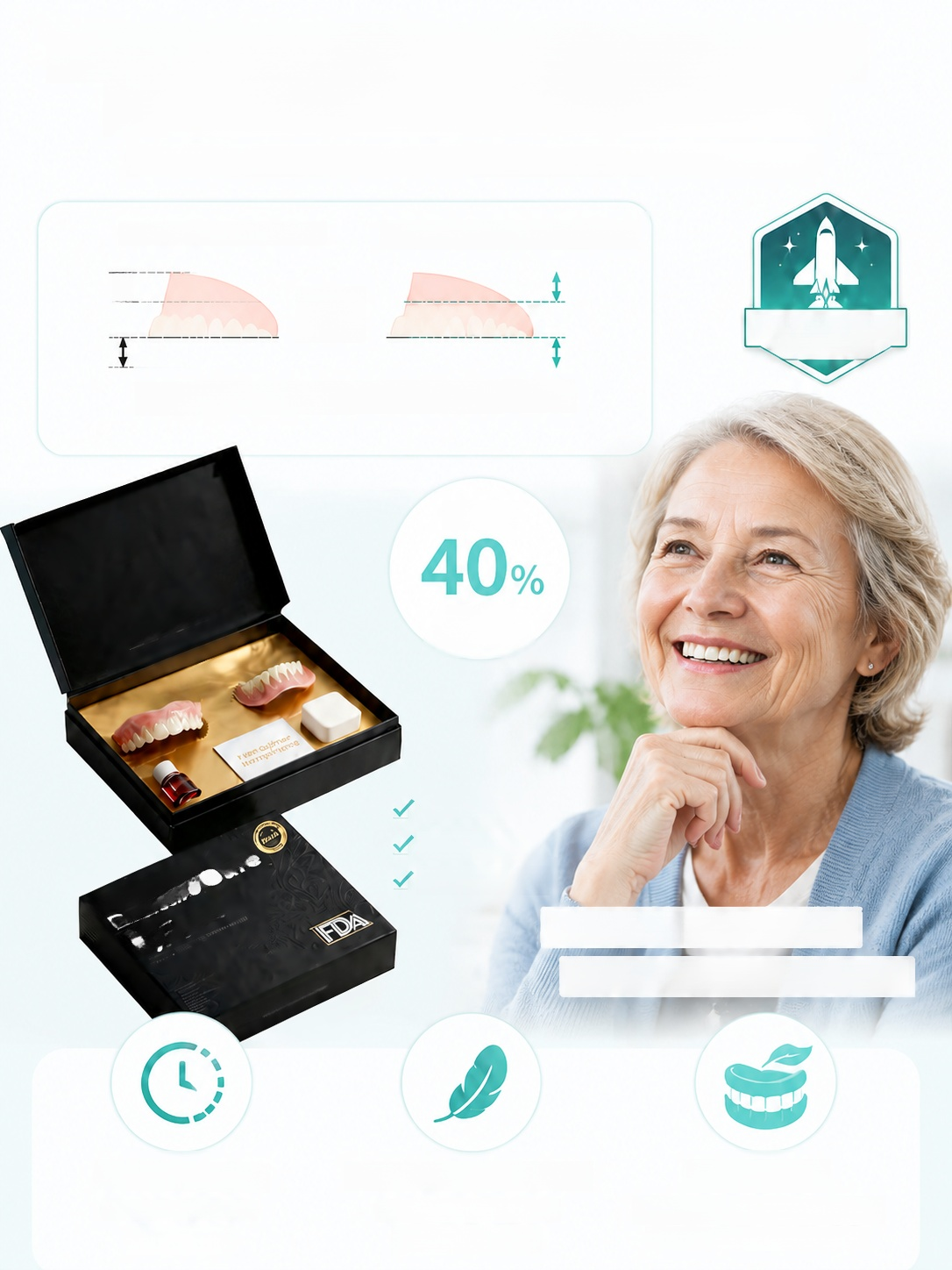 High-end Medical Customized Denture Set, Immediately appears pearl white, feather-light teeth for a 100% natural smile! 