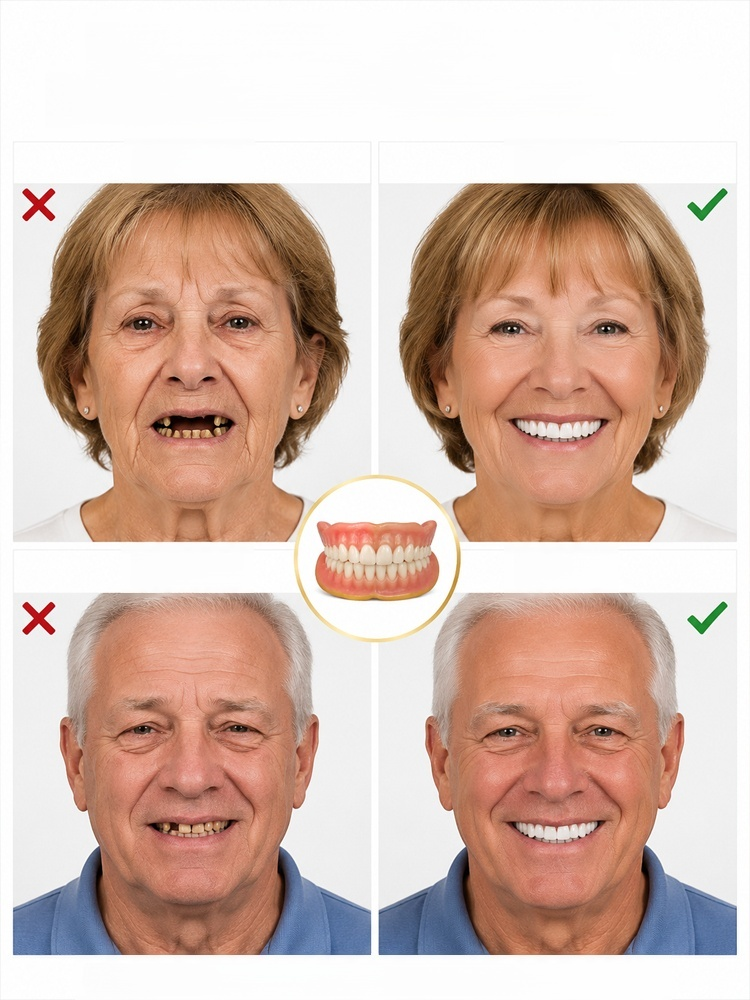 Comfort-fit decorative denture set, 1-Second Instant Smile Transformation! No Messy Glue Needed: Soft & Painless Gum Fit!