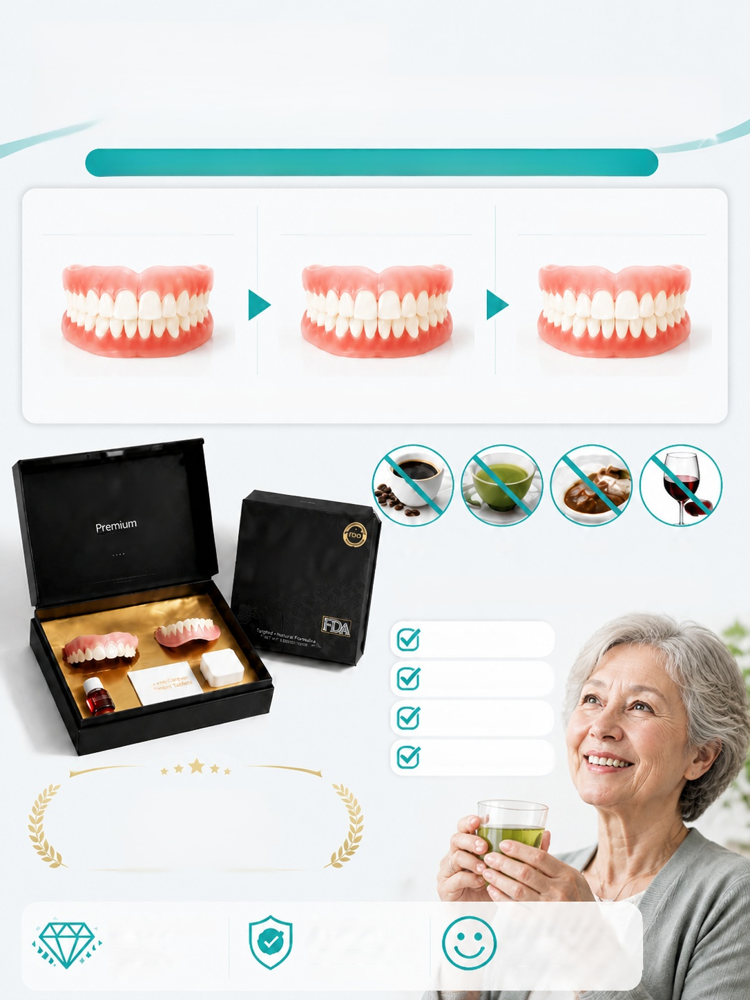 High-end Medical Customized Denture Set, Immediately appears pearl white, feather-light teeth for a 100% natural smile! 