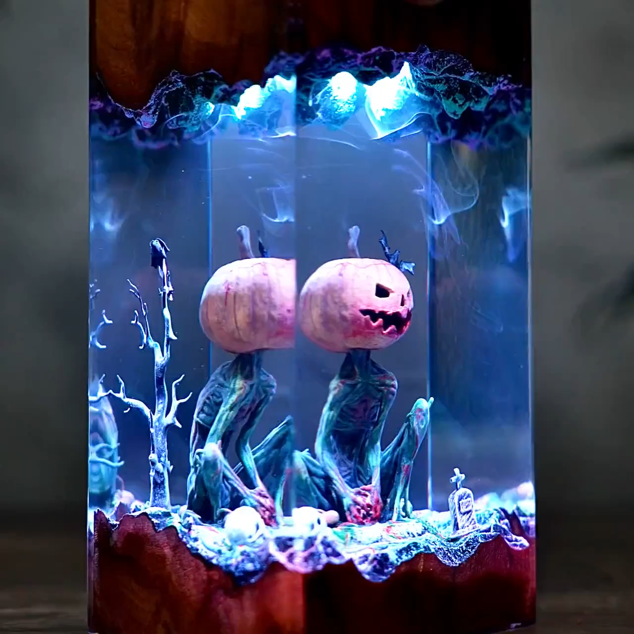 Handmade Jack-o'-Lantern Resin & Wood Lamp, Spooky Halloween Decor, Spooky Handmade Decor, Pumpkin Lantern Hanging, Christmas