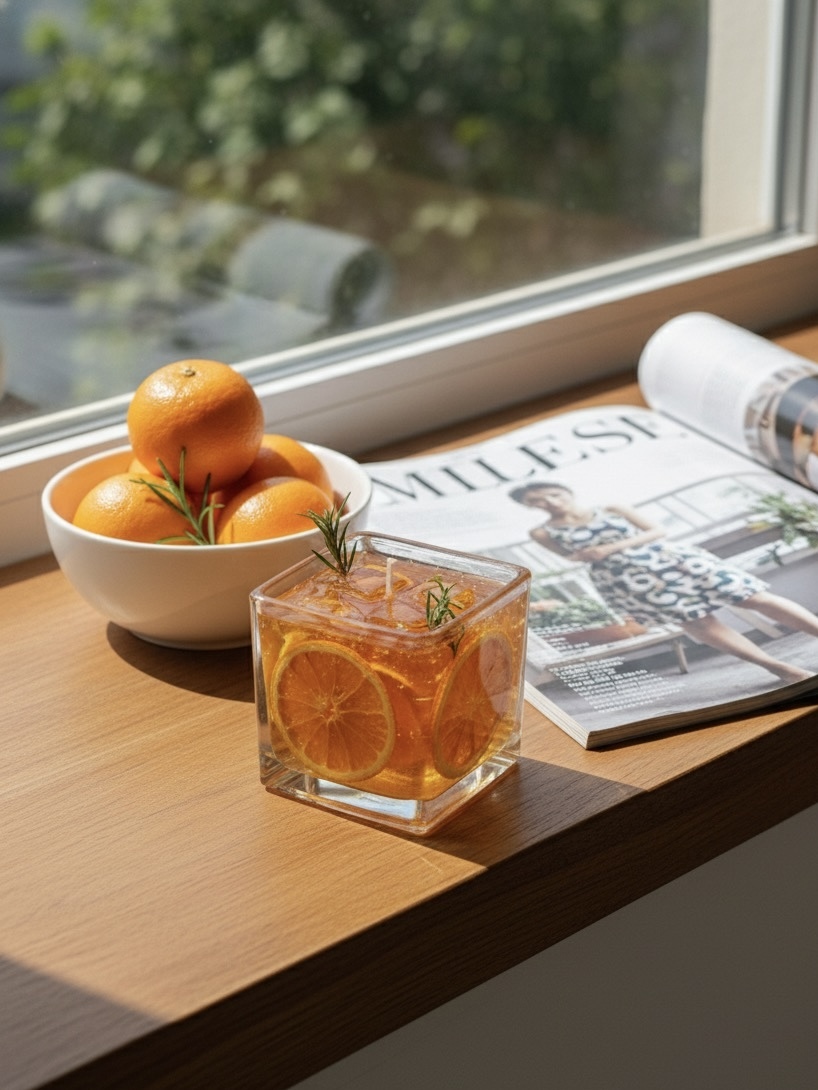 Citrus Bloom Aromatherapy Candle – Handcrafted Orange Gel Candle with Dried Slice & Herbs, Refreshing Summer Scent, Home Decor Gift