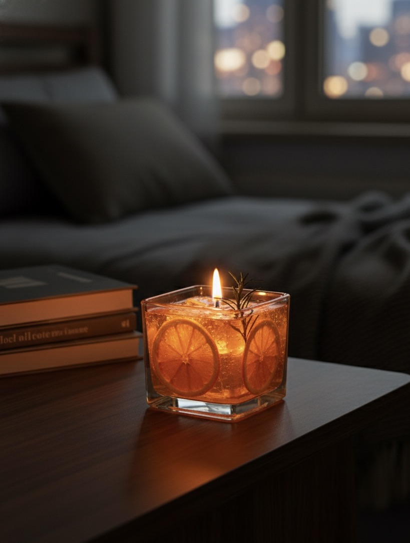 Citrus Bloom Aromatherapy Candle – Handcrafted Orange Gel Candle with Dried Slice & Herbs, Refreshing Summer Scent, Home Decor Gift