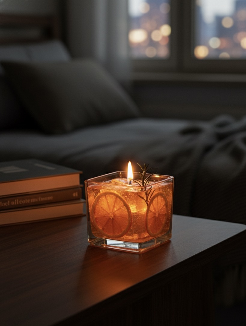 Citrus Bloom Aromatherapy Candle – Handcrafted Orange Gel Candle with Dried Slice & Herbs, Refreshing Summer Scent, Home Decor Gift