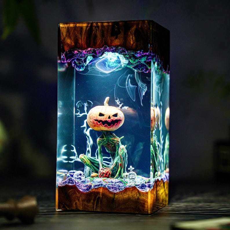 Handmade Jack-o'-Lantern Resin & Wood Lamp, Spooky Halloween Decor, Spooky Handmade Decor, Pumpkin Lantern Hanging, Christmas