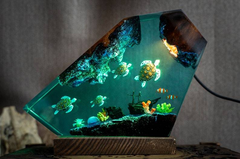 Sea Turtle Resin Ocean Lamp - Unique Epoxy Night Light for bedroom, Summer gift for her, Christmas gift