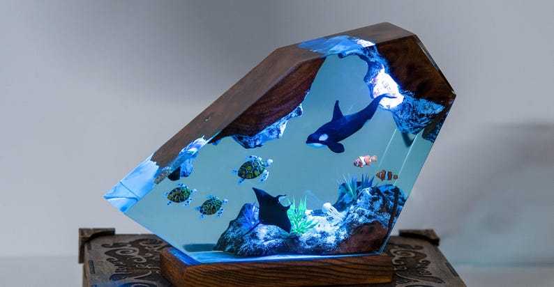 Orca & Turtle Resin Lamp: Ocean Diorama Night Light