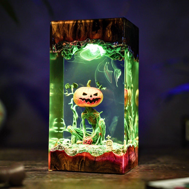 Handmade Jack-o'-Lantern Resin & Wood Lamp, Spooky Halloween Decor, Spooky Handmade Decor, Pumpkin Lantern Hanging, Christmas