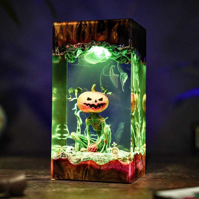 Handmade Jack-o'-Lantern Resin & Wood Lamp, Spooky Halloween Decor, Spooky Handmade Decor, Pumpkin Lantern Hanging, Christmas