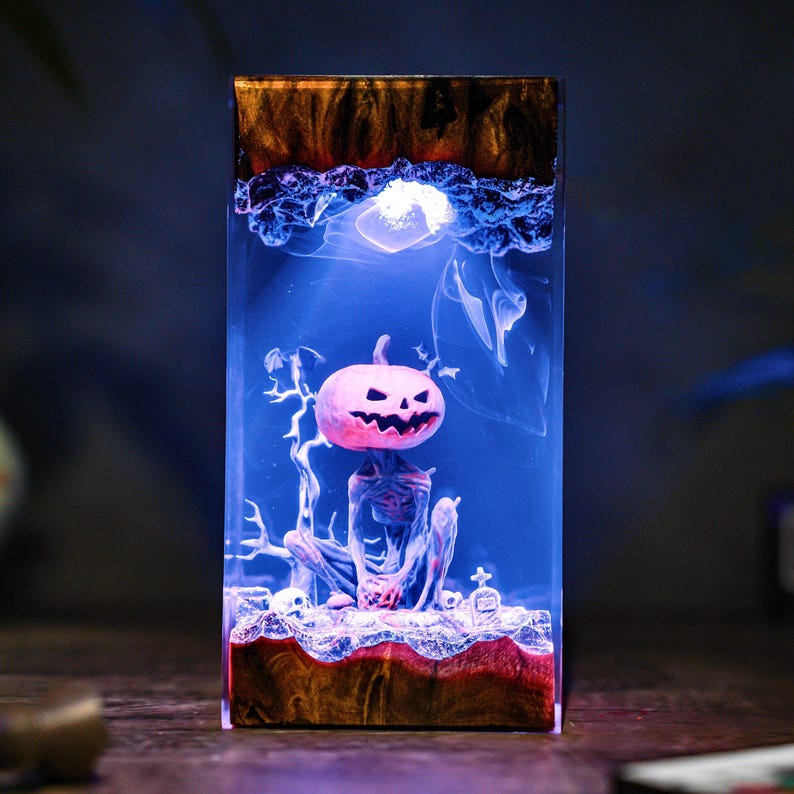 Handmade Jack-o'-Lantern Resin & Wood Lamp, Spooky Halloween Decor, Spooky Handmade Decor, Pumpkin Lantern Hanging, Christmas