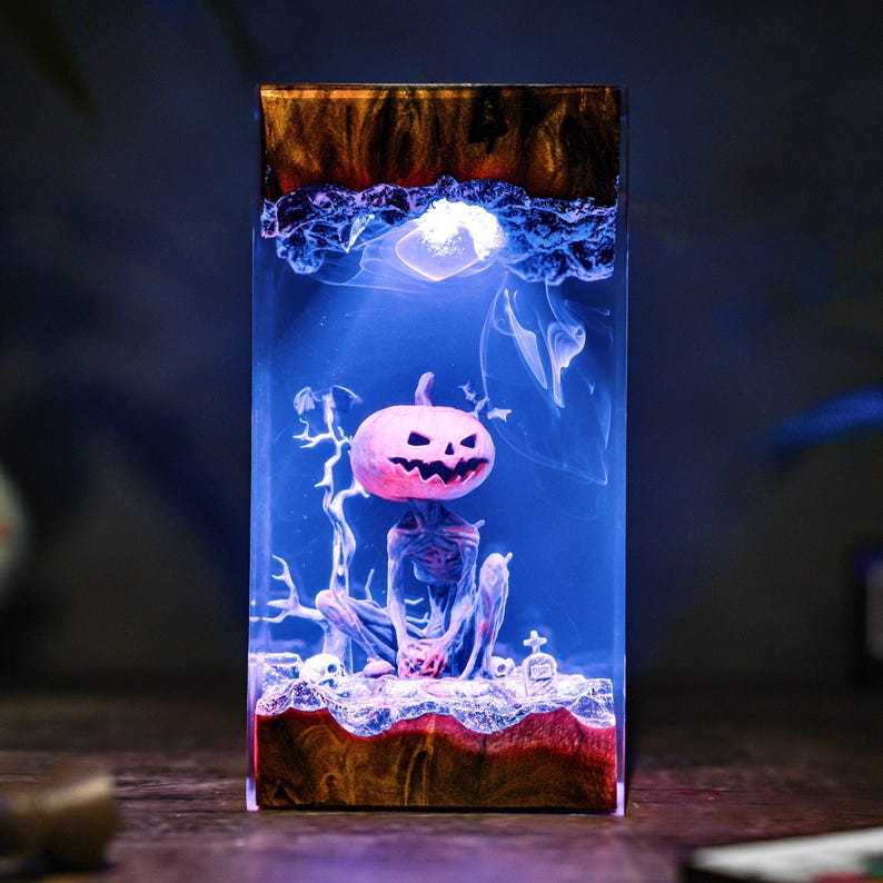 Handmade Jack-o'-Lantern Resin & Wood Lamp, Spooky Halloween Decor, Spooky Handmade Decor, Pumpkin Lantern Hanging, Christmas