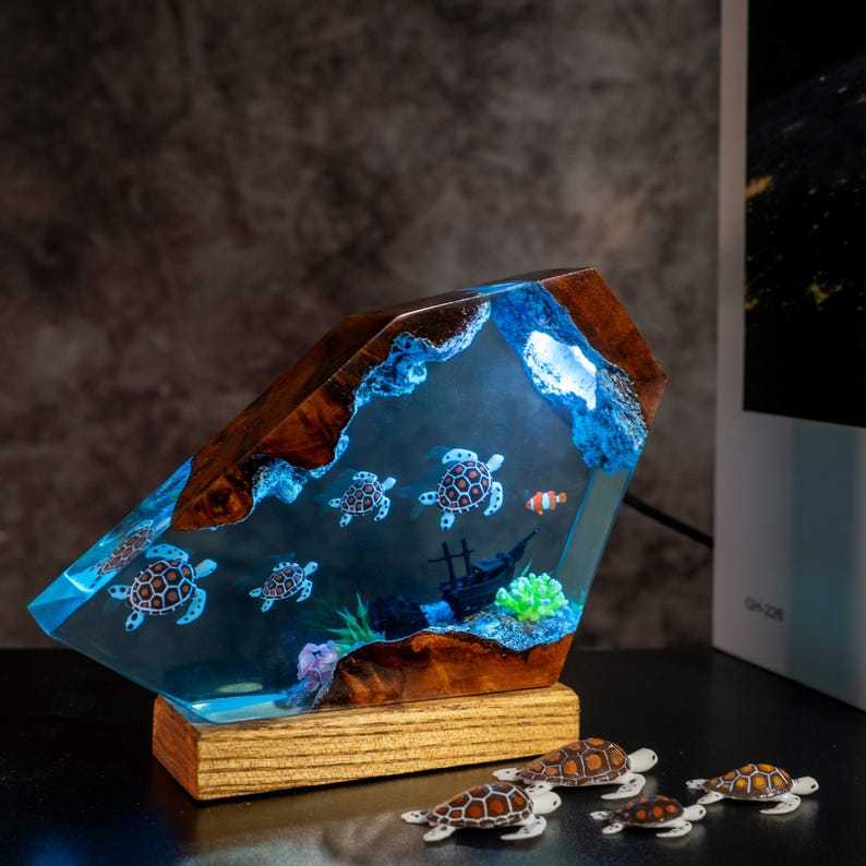 Sea Turtle Resin Ocean Lamp - Unique Epoxy Night Light for bedroom, Summer gift for her, Christmas gift