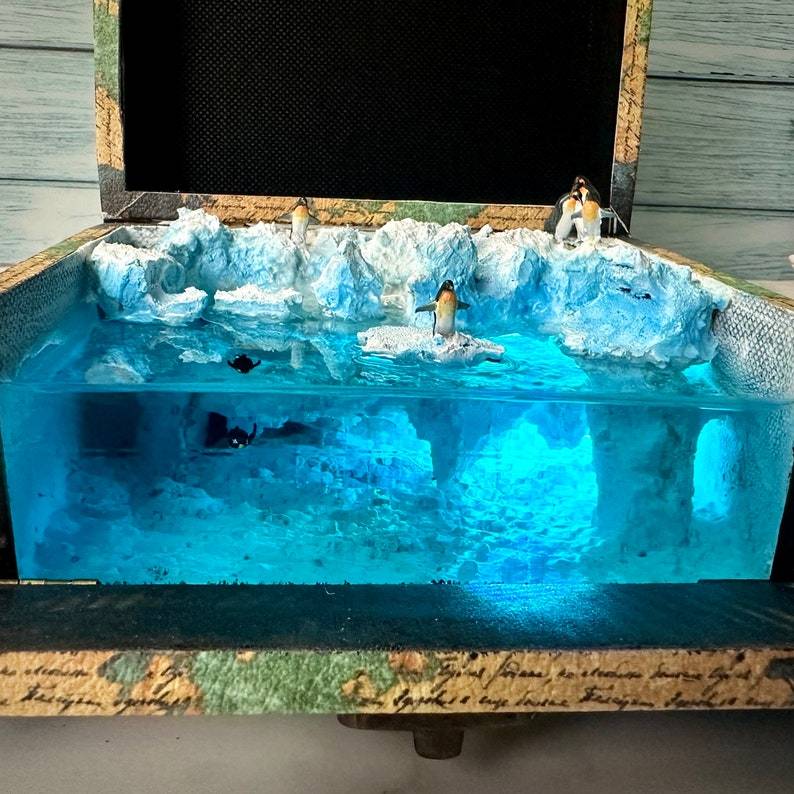 Penguin Diorama Night Light: Handmade Epoxy Resin Antarctic Scene