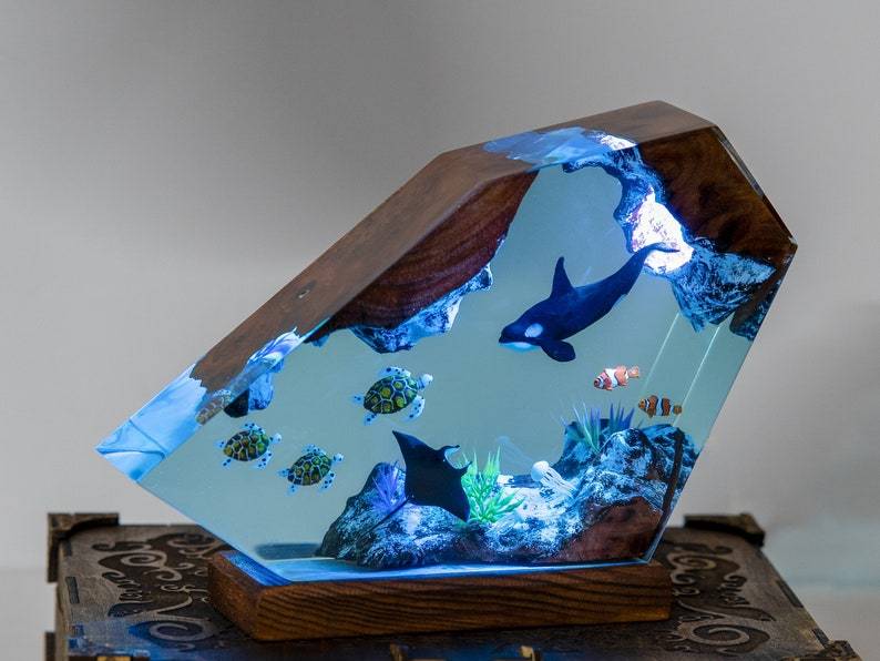 Orca & Turtle Resin Lamp: Ocean Diorama Night Light