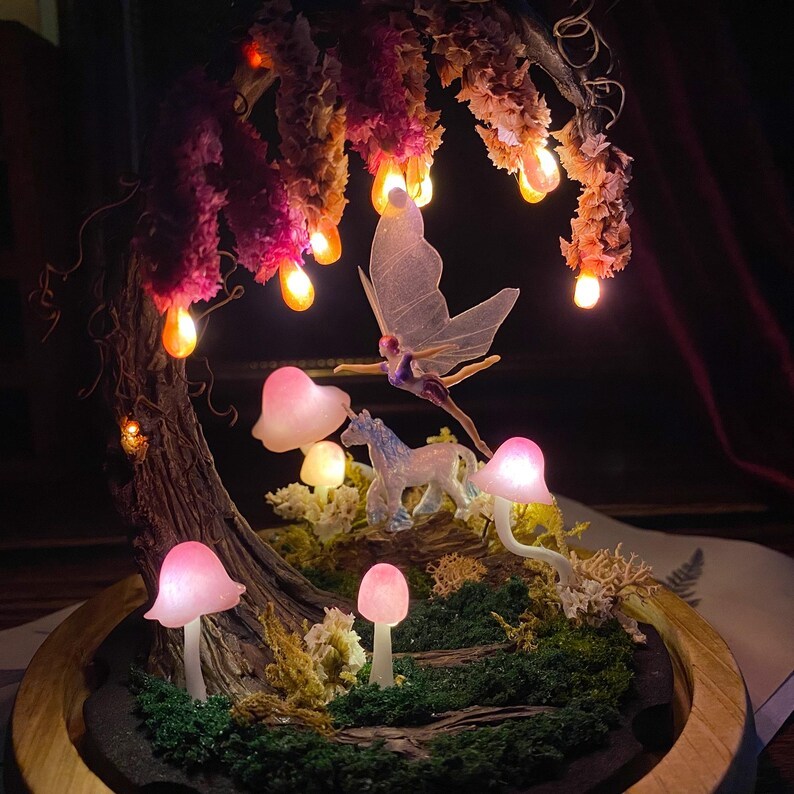 Pink Wisteria Fairy Unicorn Mushroom Night Light, Magic Mushroom Lamp, Cute Fairy Lamp, Flower Nightlight, Enchanted Fairy Decor,Unique gift