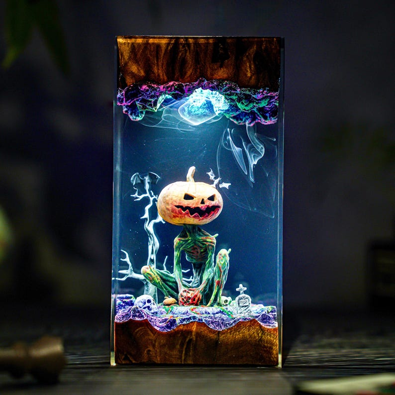 Handmade Jack-o'-Lantern Resin & Wood Lamp, Spooky Halloween Decor, Spooky Handmade Decor, Pumpkin Lantern Hanging, Christmas