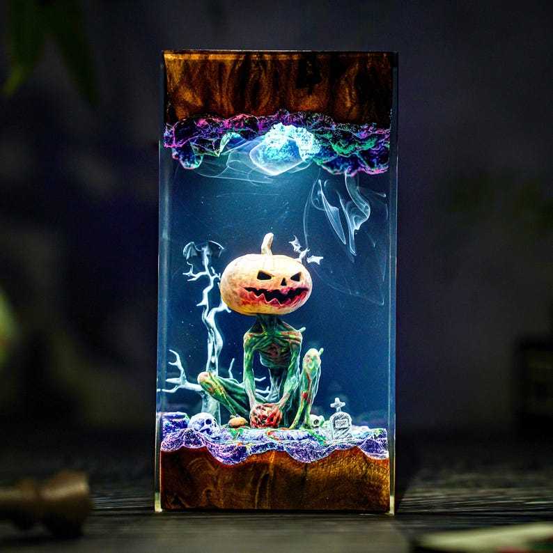 Handmade Jack-o'-Lantern Resin & Wood Lamp, Spooky Halloween Decor, Spooky Handmade Decor, Pumpkin Lantern Hanging, Christmas
