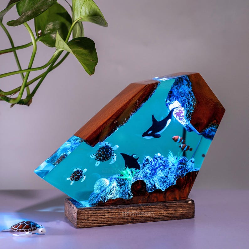 Orca & Turtle Resin Lamp: Ocean Diorama Night Light